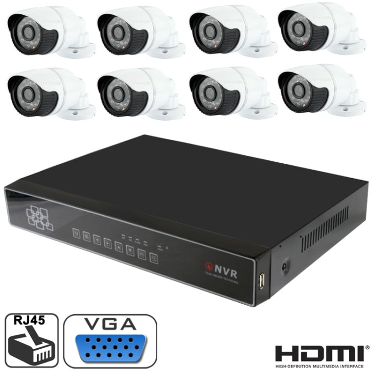 9CH 1080P RJ45 NVR Kit with 8 x H.264 1.0 Mega Pixel / 4.0mm Fixed Focal Lens Infrared 720P IP Camera, Support Mega Pixel HD Network Video Preview, Storage and Playback / 4CH Playback Simultaneously(Black)