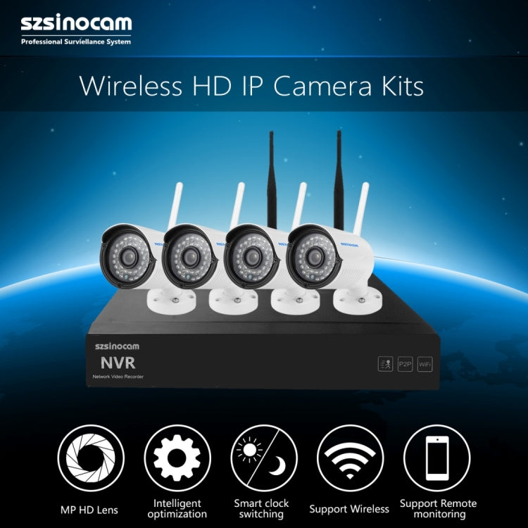 szsinocam SN-NVK-4004W10 4CH 720P 2.4G WiFi 1.0 Mega Pixel Bullet IP Camera NVR Kit, Support Night Vision / Motion Detection, IR Distance: 15-25m