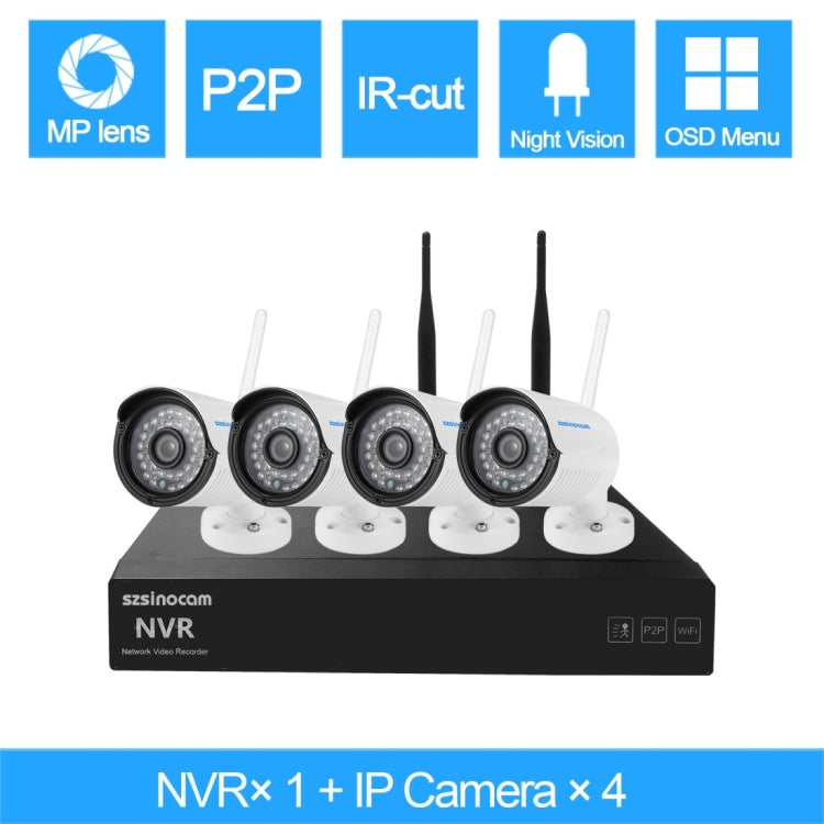 szsinocam SN-NVK-4004W10 4CH 720P 2.4G WiFi 1.0 Mega Pixel Bullet IP Camera NVR Kit, Support Night Vision / Motion Detection, IR Distance: 15-25m