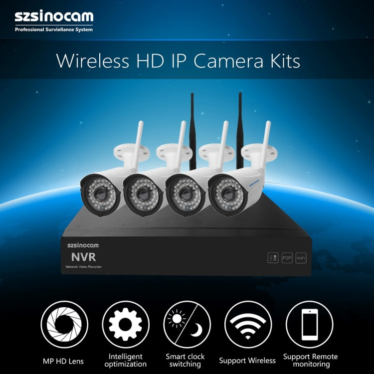 szsinocam SN-NVK-4005W10 4CH 720P 2.4GHz Full WiFi 1.0 Mega Pixel Bullet IP Camera NVR Kit, Support Night Vision / Motion Detection, IR Distance: 15-25m