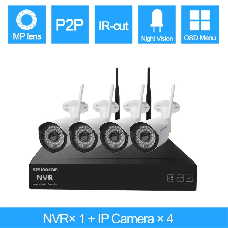 szsinocam SN-NVK-4005W10 4CH 720P 2.4GHz Full WiFi 1.0 Mega Pixel Bullet IP Camera NVR Kit, Support Night Vision / Motion Detection, IR Distance: 15-25m