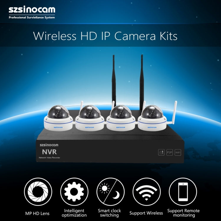 szsinocam SN-NVK-4006W10 4CH 720P 2.4GHz Full WiFi 1.0 Mega Pixel Dome IP Camera NVR Kit, Support Night Vision / Motion Detection, IR Distance: 15-25m
