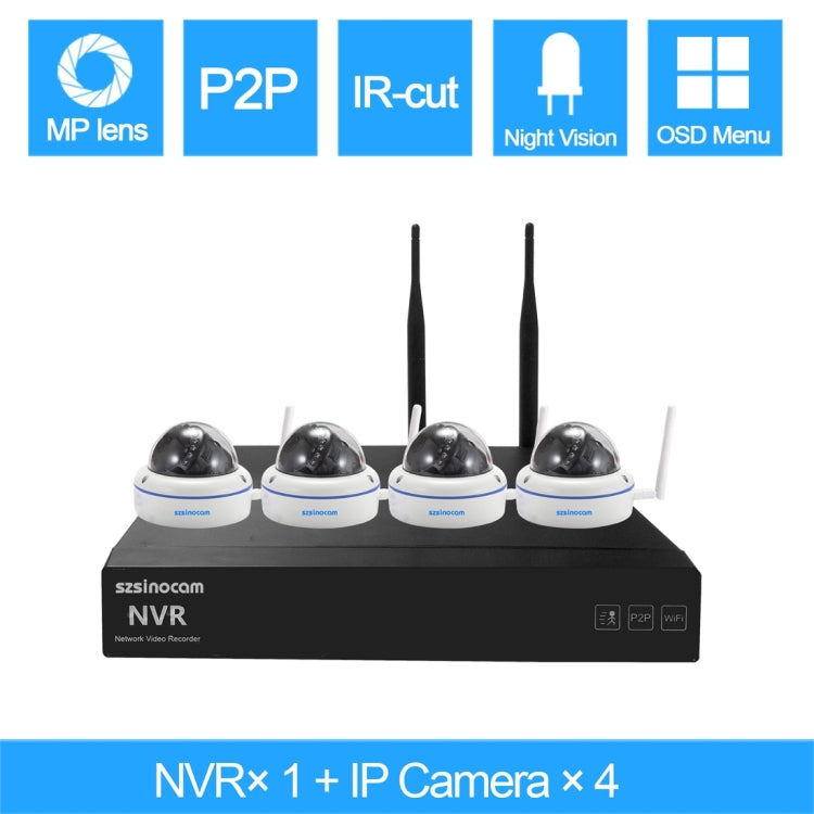 szsinocam SN-NVK-4006W10 4CH 720P 2.4GHz Full WiFi 1.0 Mega Pixel Dome IP Camera NVR Kit, Support Night Vision / Motion Detection, IR Distance: 15-25m