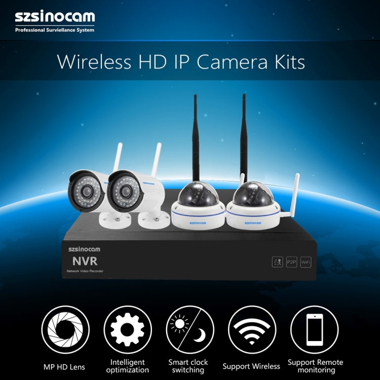 szsinocam SN-NVK-4007W10 4CH 720P 2.4GHz Full WiFi 1.0 Mega Pixel Dome + Bullet IP Camera NVR Kit, Support Night Vision / Motion Detection, IR Distance: 15-25m