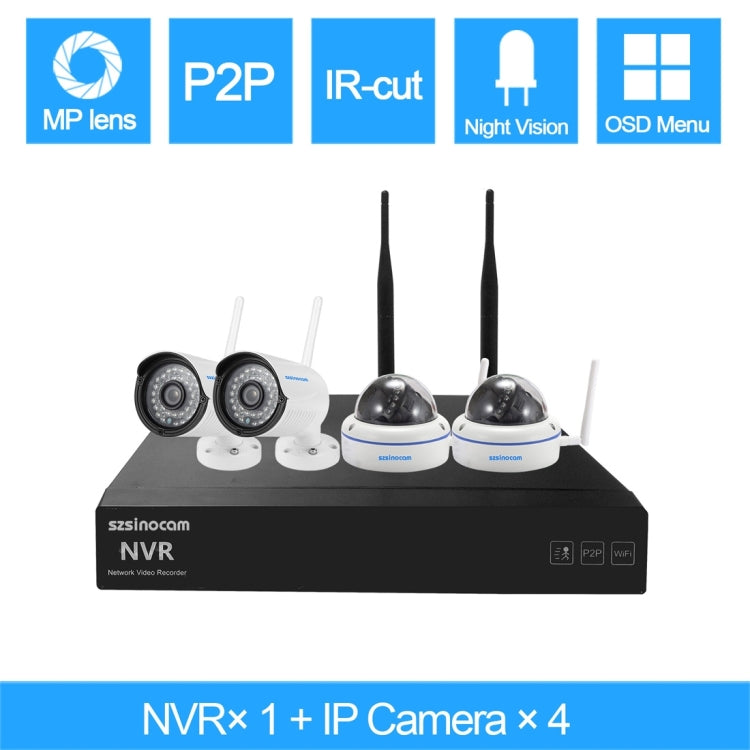 szsinocam SN-NVK-4007W10 4CH 720P 2.4GHz Full WiFi 1.0 Mega Pixel Dome + Bullet IP Camera NVR Kit, Support Night Vision / Motion Detection, IR Distance: 15-25m
