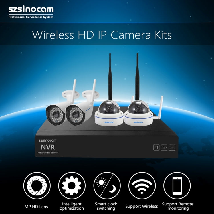 szsinocam SN-NVK-4008W10 4CH 720P 2.4GHz Full WiFi 1.0 Mega Pixel Dome + Bullet IP Camera NVR Kit, Support Night Vision / Motion Detection, IR Distance: 15-25m