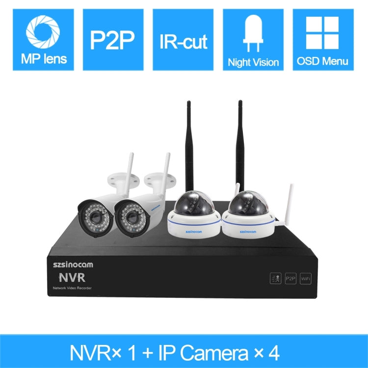 szsinocam SN-NVK-4008W10 4CH 720P 2.4GHz Full WiFi 1.0 Mega Pixel Dome + Bullet IP Camera NVR Kit, Support Night Vision / Motion Detection, IR Distance: 15-25m