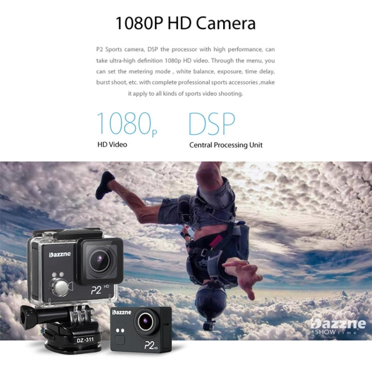 Dazzne P2 Waterproof Action Sports Camera, 2.0 Inch TFT Screen, Support HD 1080P(Black)