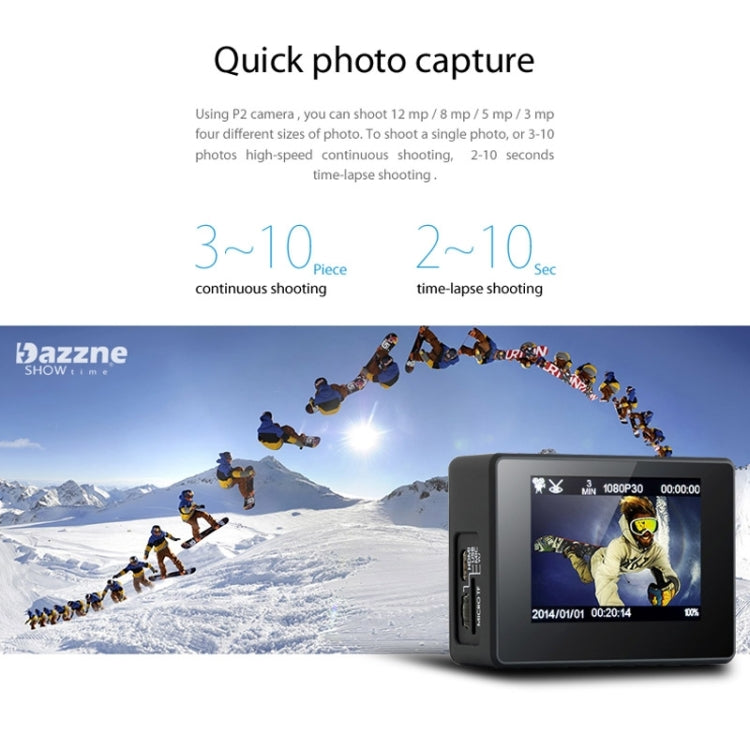Dazzne P2 Waterproof Action Sports Camera, 2.0 Inch TFT Screen, Support HD 1080P(Black)