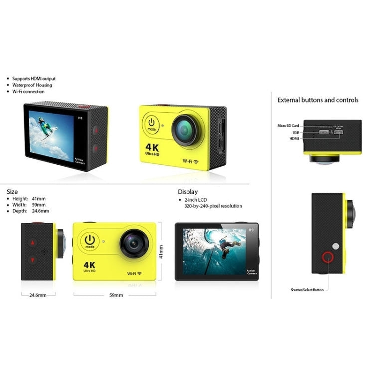 H9 4K Ultra HD1080P 12MP 2 inch LCD Screen WiFi Sports Camera, 170 Degrees Wide Angle Lens, 30m Waterproof