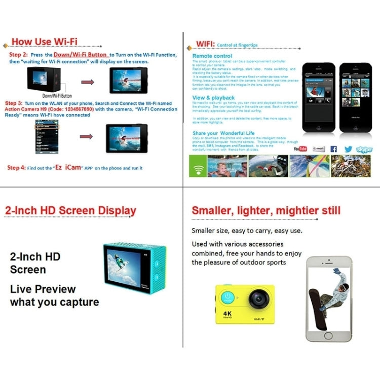 H9 4K Ultra HD1080P 12MP 2 inch LCD Screen WiFi Sports Camera, 170 Degrees Wide Angle Lens, 30m Waterproof