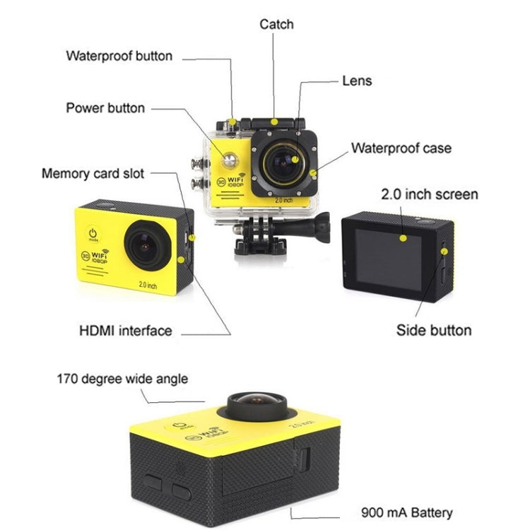 SJ7000 Full HD 1080P 2.0 inch LCD Screen Novatek 96655 WiFi Sports Camcorder Camera with Waterproof Case, 170 Degrees HD Wide-angle Lens, 30m Waterproof