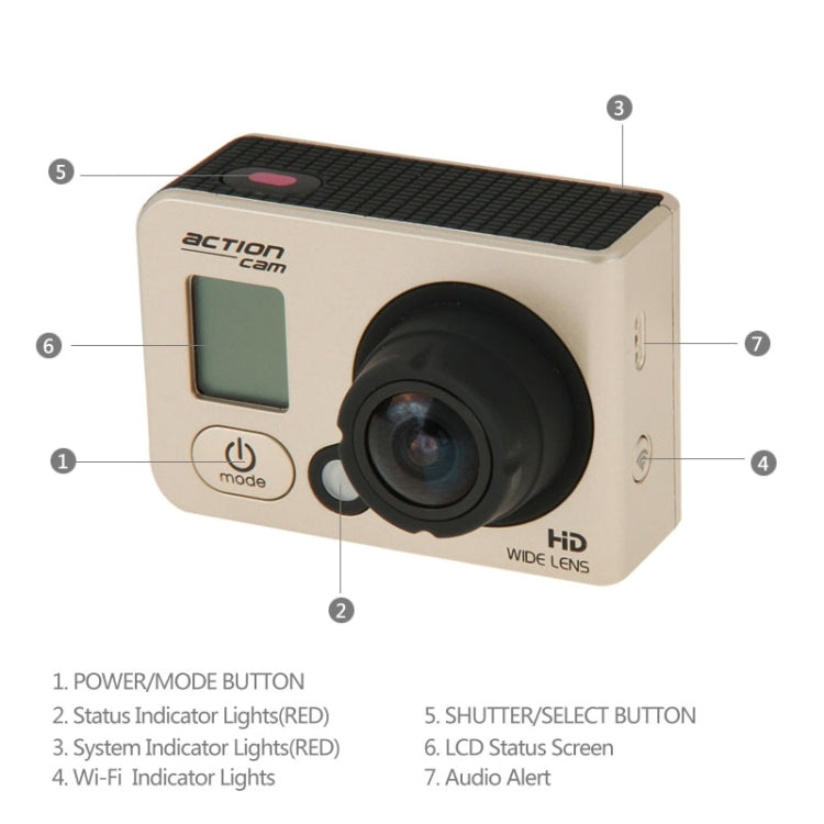 HD 1080P 0.8 inch LCD Screen WiFi Sports Camcorder with Waterproof Case, 5.0MP 1/2.5 inch CMOS Sensor, 170 Degrees Wide Angle Lens, 60m Waterproof