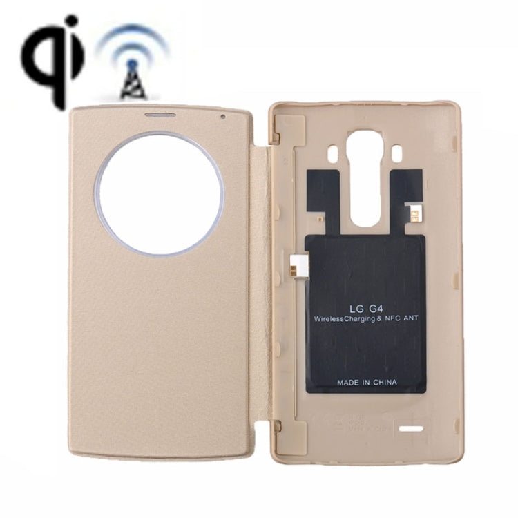 Wireless Charger Receiver & Leather Back Cover Replacement Case with Call Display & NFC Function for LG G4 / H815(Gold)