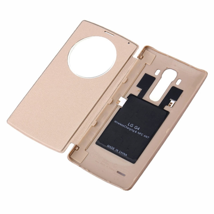 Wireless Charger Receiver & Leather Back Cover Replacement Case with Call Display & NFC Function for LG G4 / H815(Gold)