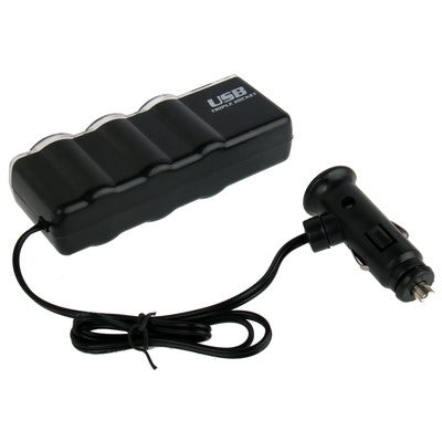 WF-0120 12V / 24V 3 Way Triple Sockets USB Car Cigarette Lighter Socket Splitter Charger(Black)