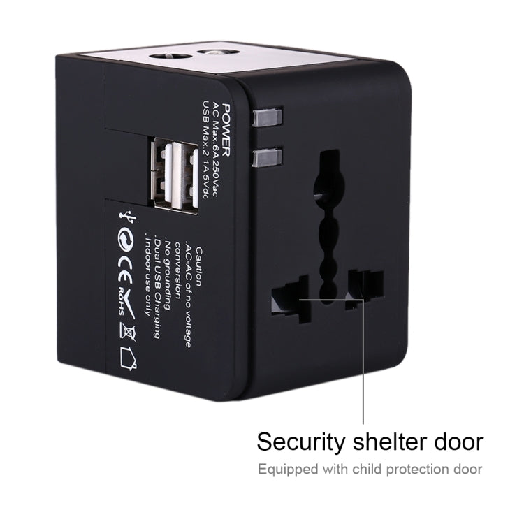 Plug Adapter, Universal US / EU / UK / AU Power Connection Adaptor with 2 USB Ports, CE/FCC/ROHS Certificated(Black)