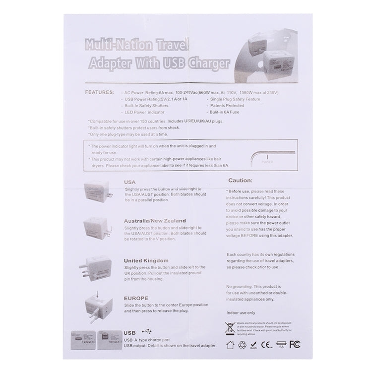 Plug Adapter, Universal US / EU / UK / AU Power Connection Adaptor with 2 USB Ports, CE/FCC/ROHS Certificated(Black)