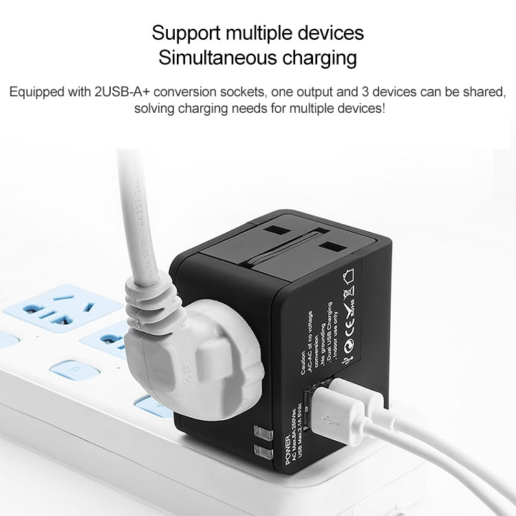 Plug Adapter, Universal US / EU / UK / AU Plug Power Connection Adaptor with 2 USB Charger Socket(Black)