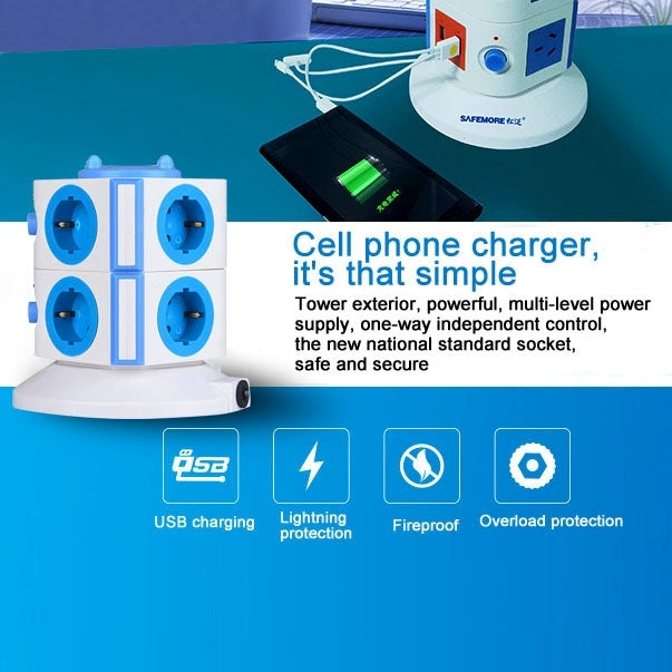 SAFEMORE 4 Layers with 15 EU Outlets and 2 USB Ports Smart Power Sockets, Overload Protector, EU Plug, Cable Length: 2m