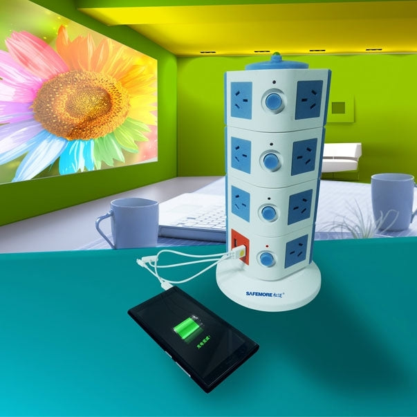 SAFEMORE 4 Layers with 15 EU Outlets and 2 USB Ports Smart Power Sockets, Overload Protector, EU Plug, Cable Length: 2m
