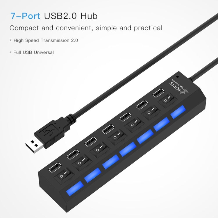 7 Ports USB Hub 2.0 USB Splitter High Speed 480Mbps with ON/OFF Switch / 7 LEDs