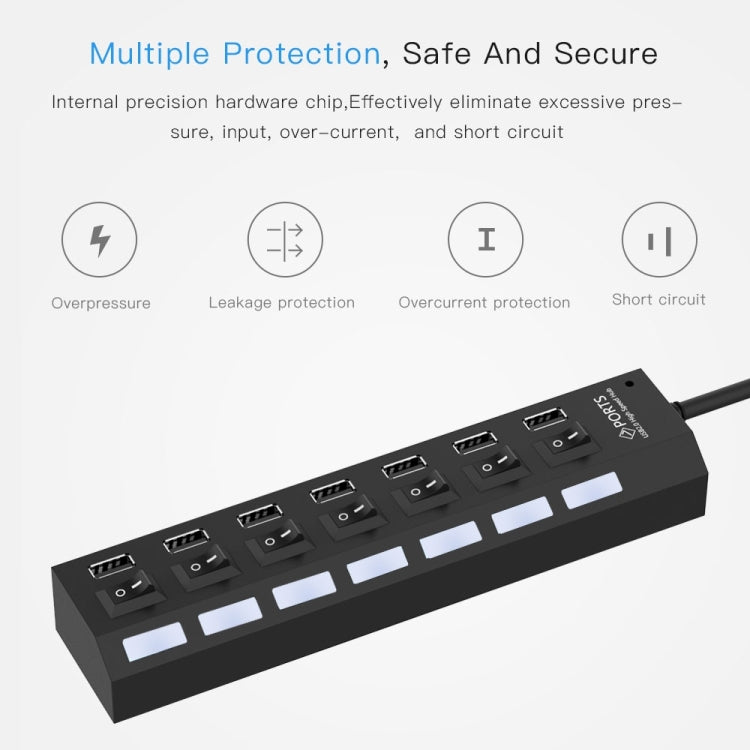 7 Ports USB Hub 2.0 USB Splitter High Speed 480Mbps with ON/OFF Switch / 7 LEDs