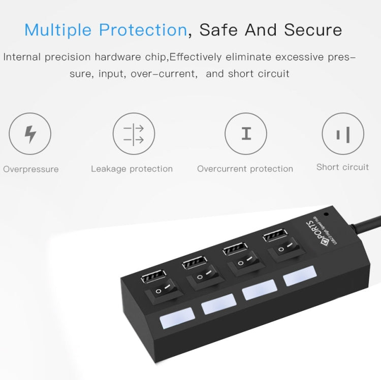 4 Ports USB Hub 2.0 USB Splitter High Speed 480Mbps with ON/OFF Switch, 4 LED(Black)