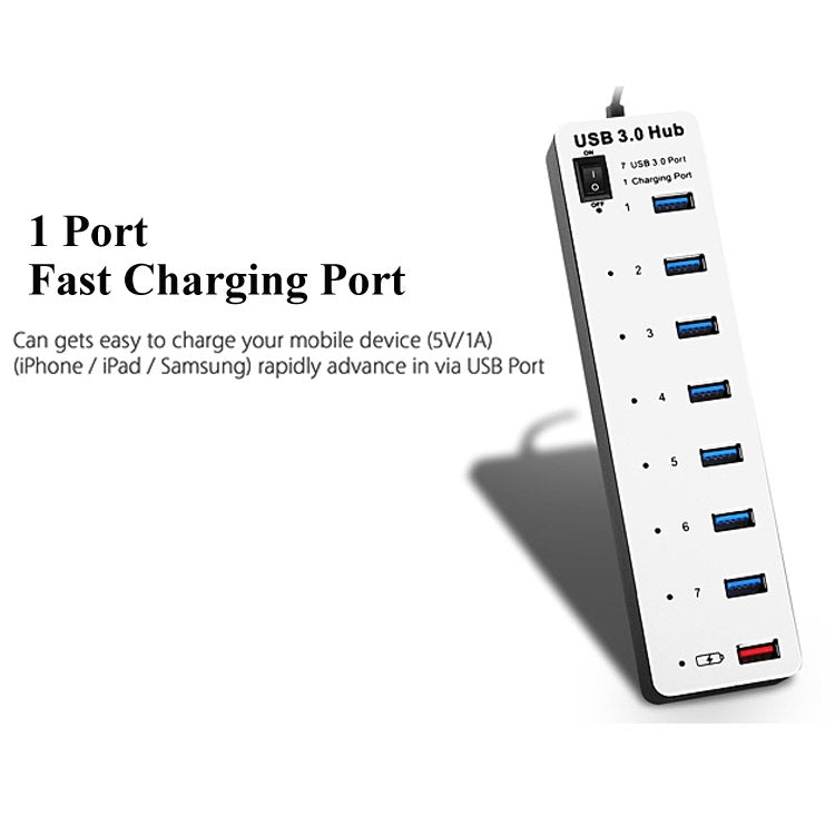 7 Port USB 3.0 + 1 Port Fast Charging Hub with ON/OFF Switch (BYL-3012)(White)