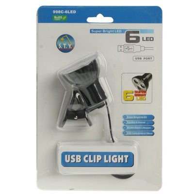 USB Clip Super Bright 6 LED Light, Cable: 1.5m (998C-6LED)(Black)