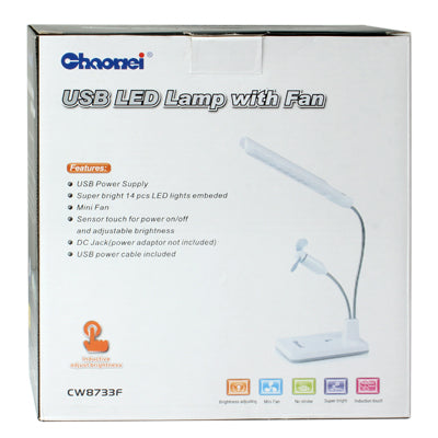 Flexible 14-LED Desktop Energy-saving USB Lamp Table Light Desk Lamp with Mini Fan (CW8733F)(White)