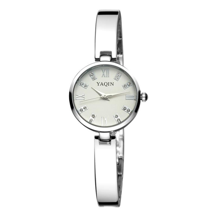 YAQIN Rhinestone & Roman Number Small Simple Round Dial Women Quartz Watch with Alloy Band(White)