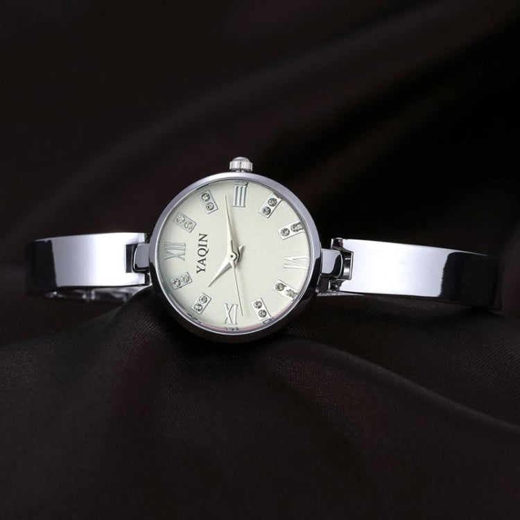 YAQIN Rhinestone & Roman Number Small Simple Round Dial Women Quartz Watch with Alloy Band(White)