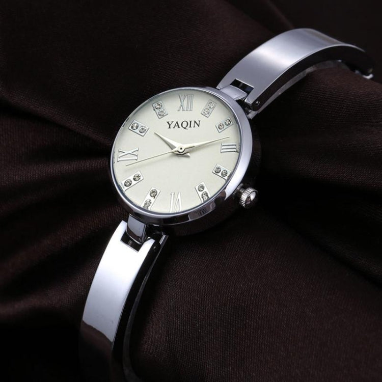 YAQIN Rhinestone & Roman Number Small Simple Round Dial Women Quartz Watch with Alloy Band(White)