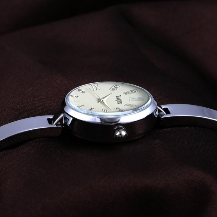 YAQIN Rhinestone & Roman Number Small Simple Round Dial Women Quartz Watch with Alloy Band(White)