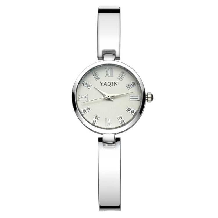 YAQIN Rhinestone & Roman Number Small Simple Round Dial Women Quartz Watch with Alloy Band(White)