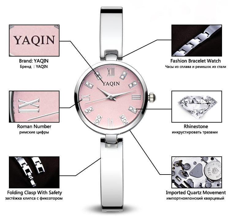 YAQIN Rhinestone & Roman Number Small Simple Round Dial Women Quartz Watch with Alloy Band(White)