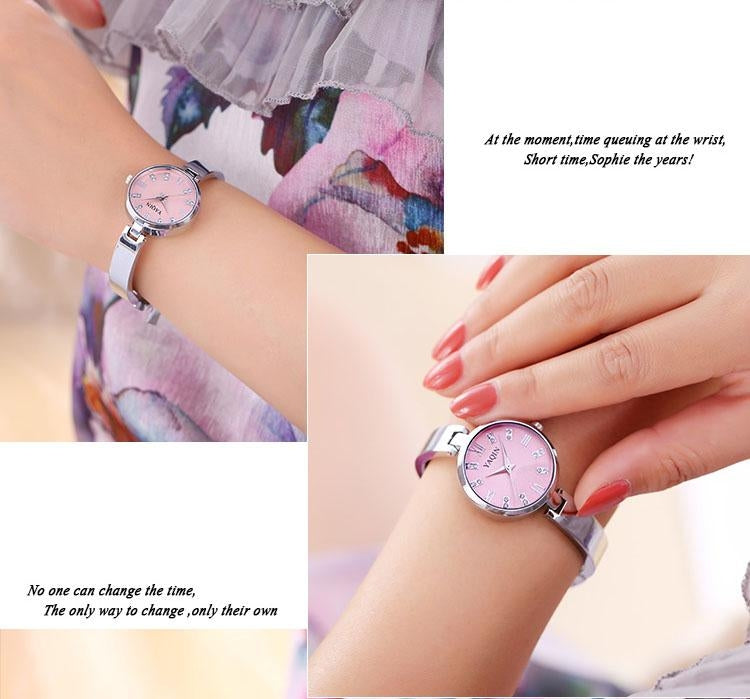 YAQIN Rhinestone & Roman Number Small Simple Round Dial Women Quartz Watch with Alloy Band(White)