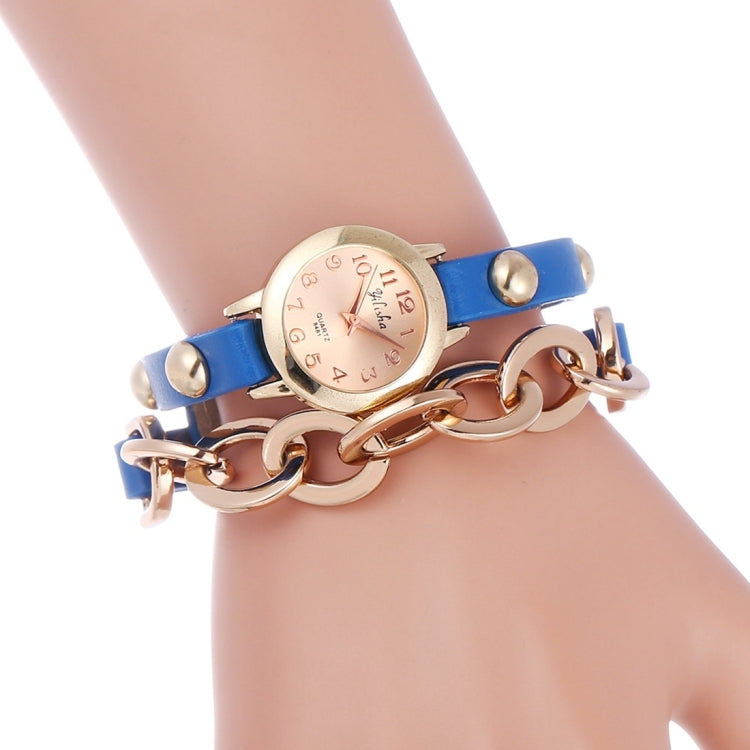 YiLiSha Round Rose Golden Number Graduation Display Fashion Women Quartz Watch with Oval Chain & PU Leather Double Band