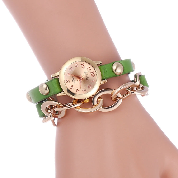 YiLiSha Round Rose Golden Number Graduation Display Fashion Women Quartz Watch with Oval Chain & PU Leather Double Band