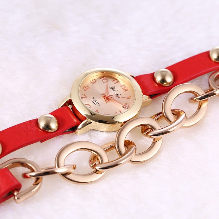 YiLiSha Round Rose Golden Number Graduation Display Fashion Women Quartz Watch with Oval Chain & PU Leather Double Band