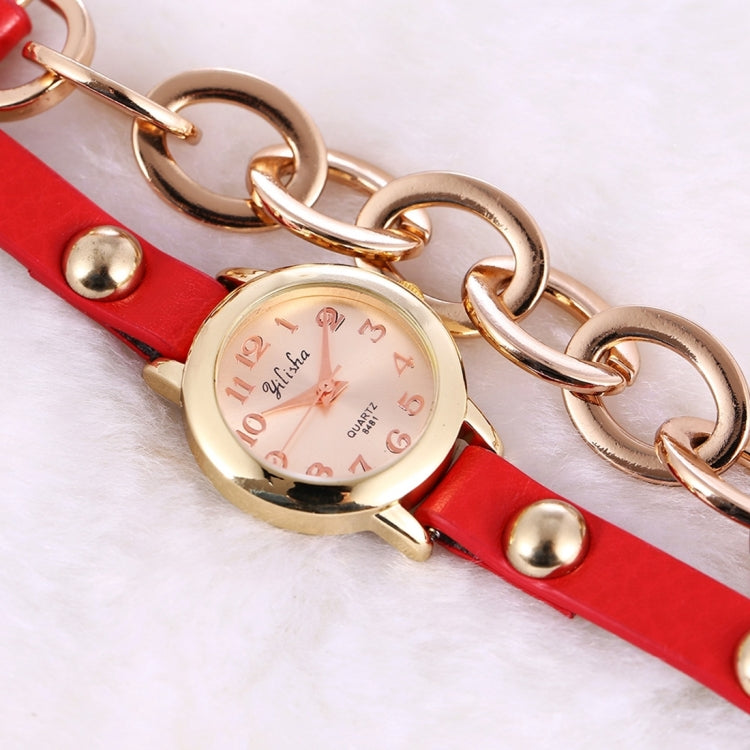 YiLiSha Round Rose Golden Number Graduation Display Fashion Women Quartz Watch with Oval Chain & PU Leather Double Band