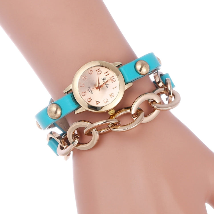 YiLiSha Round Rose Golden Number Graduation Display Fashion Women Quartz Watch with Oval Chain & PU Leather Double Band