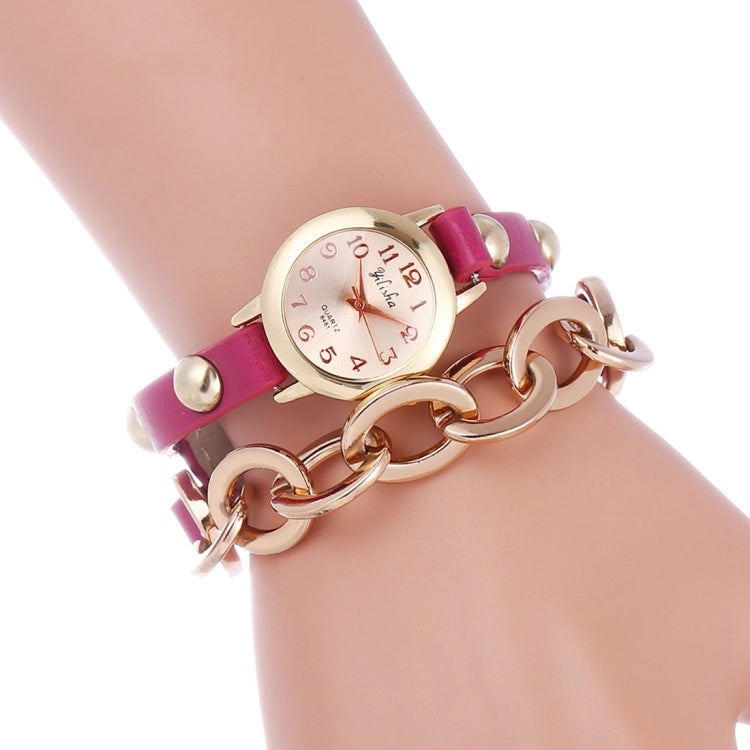 YiLiSha Round Rose Golden Number Graduation Display Fashion Women Quartz Watch with Oval Chain & PU Leather Double Band