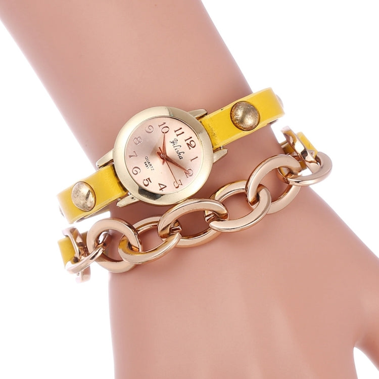 YiLiSha Round Rose Golden Number Graduation Display Fashion Women Quartz Watch with Oval Chain & PU Leather Double Band