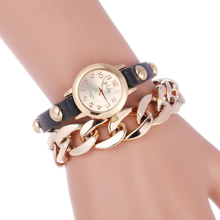 YiLiSha Round Rose Golden Number Graduation Display Fashion Women Lovers Quartz Watch with Irregular Shape Chain & PU Leather Double Band