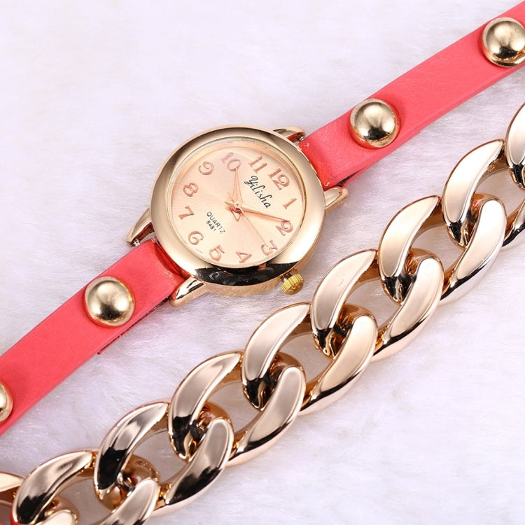 YiLiSha Round Rose Golden Number Graduation Display Fashion Women Lovers Quartz Watch with Irregular Shape Chain & PU Leather Double Band