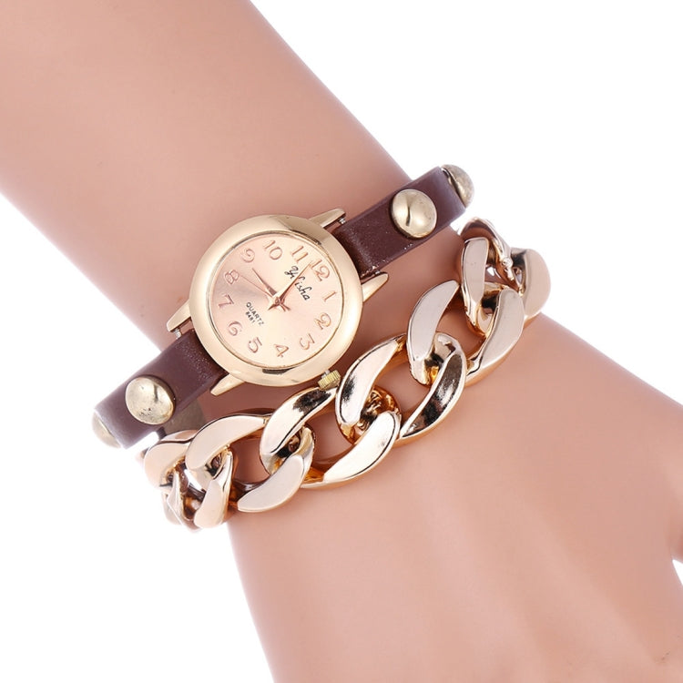 YiLiSha Round Rose Golden Number Graduation Display Fashion Women Lovers Quartz Watch with Irregular Shape Chain & PU Leather Double Band