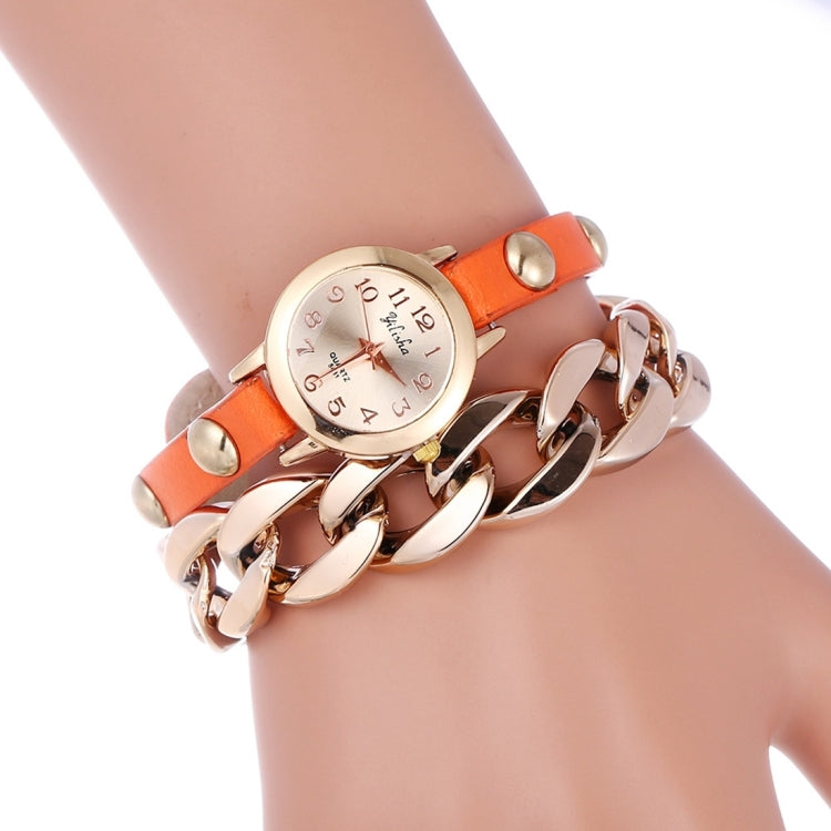YiLiSha Round Rose Golden Number Graduation Display Fashion Women Lovers Quartz Watch with Irregular Shape Chain & PU Leather Double Band