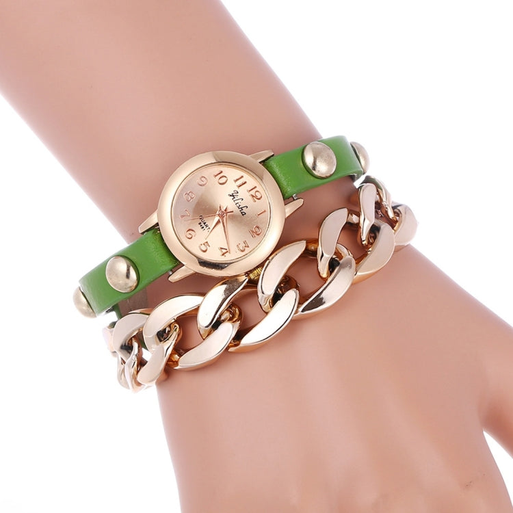 YiLiSha Round Rose Golden Number Graduation Display Fashion Women Lovers Quartz Watch with Irregular Shape Chain & PU Leather Double Band